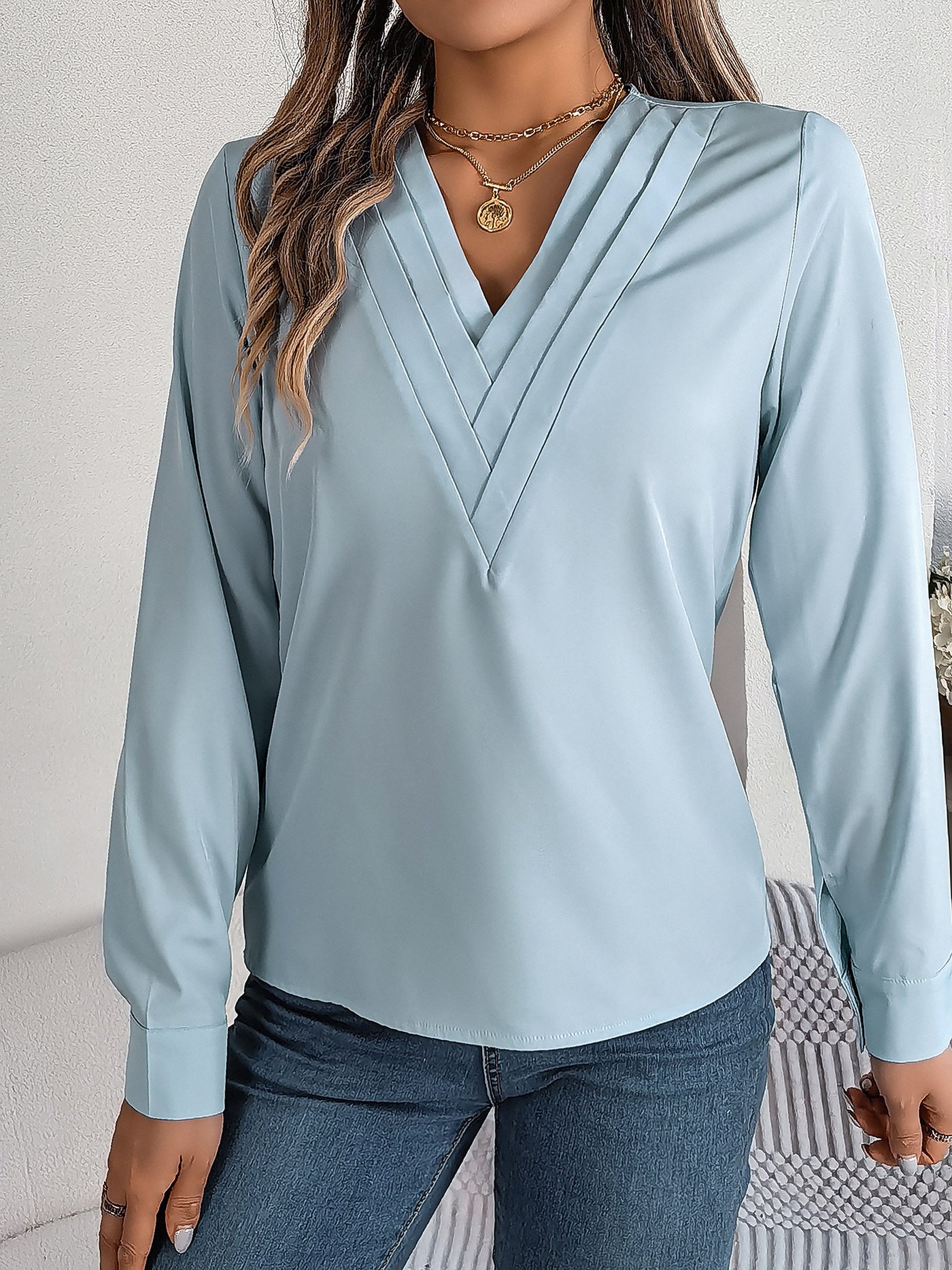 Allegra K Solid Color Layered V Neck Long Sleeve Blouse