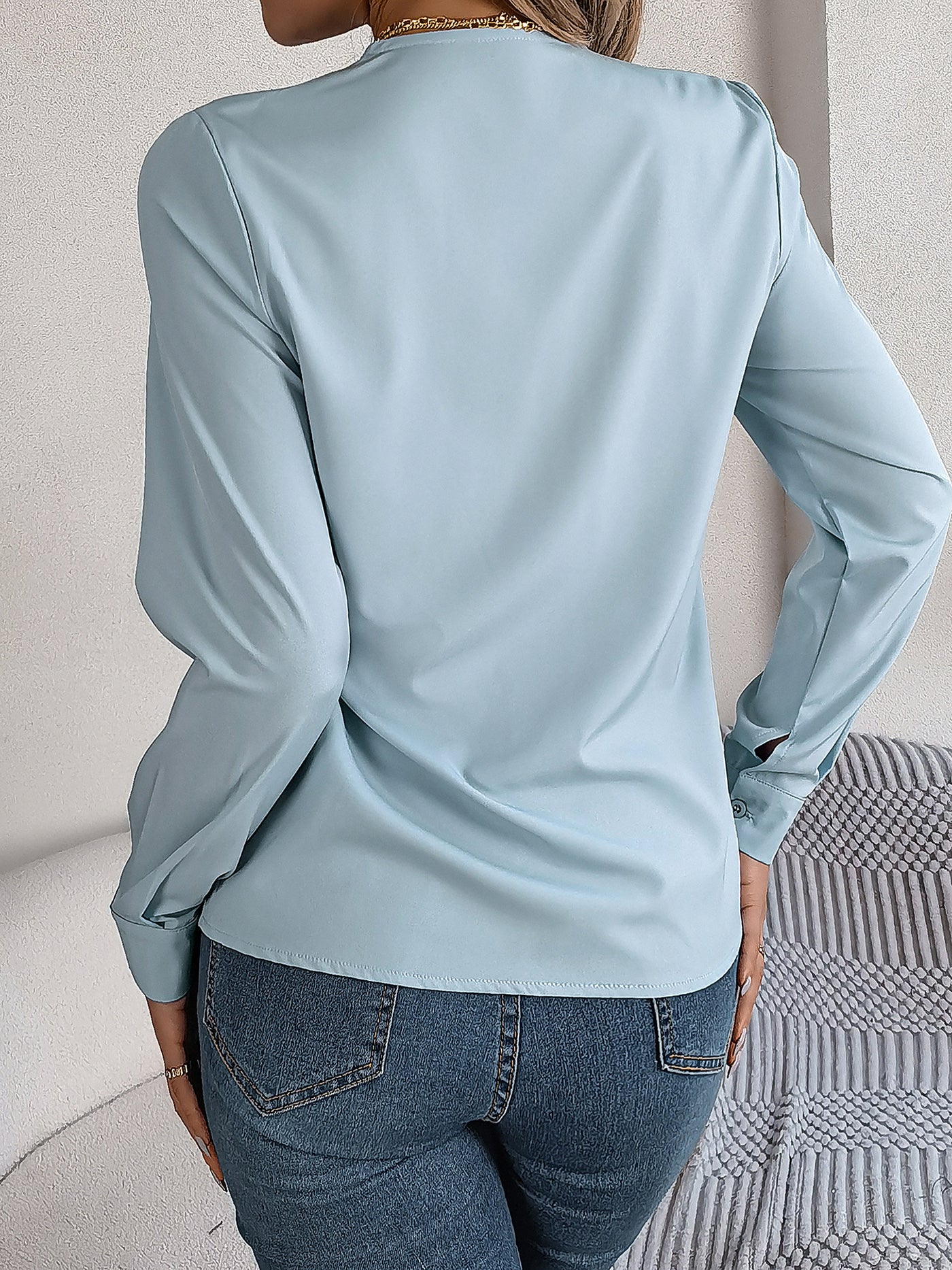 Allegra K Solid Color Layered V Neck Long Sleeve Blouse