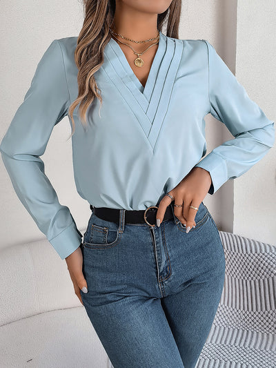 Solid Color Layered V Neck Long Sleeve Blouse