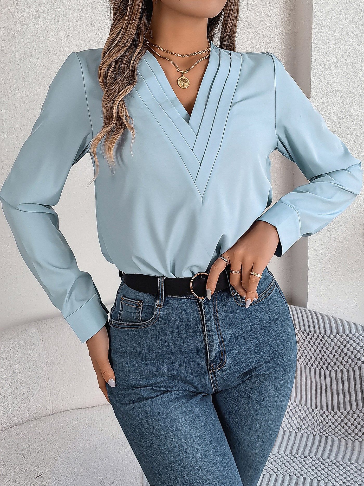 Allegra K Solid Color Layered V Neck Long Sleeve Blouse