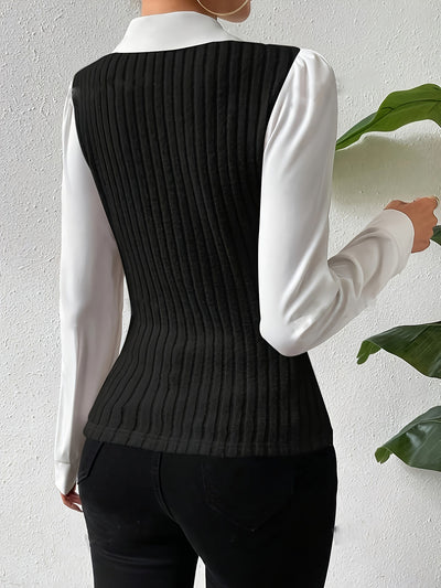 Long Sleeve Collared Knitted Patchwork Blouse