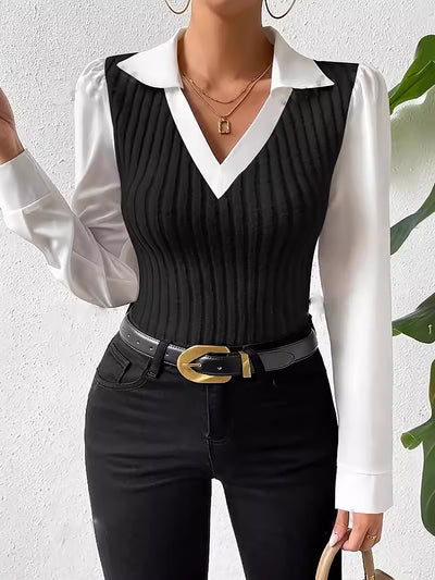 Long Sleeve Collared Knitted Patchwork Blouse