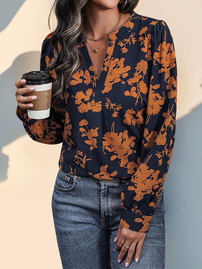 Floral Long Sleeves Notch Neck Casual Blouse