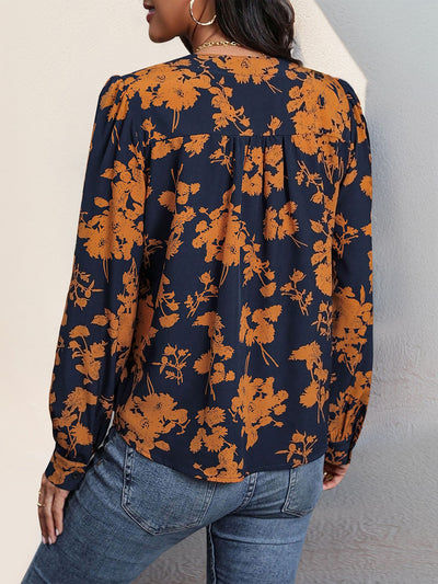 Floral Long Sleeves Notch Neck Casual Blouse