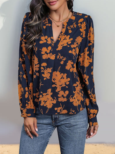 Floral Long Sleeves Notch Neck Casual Blouse