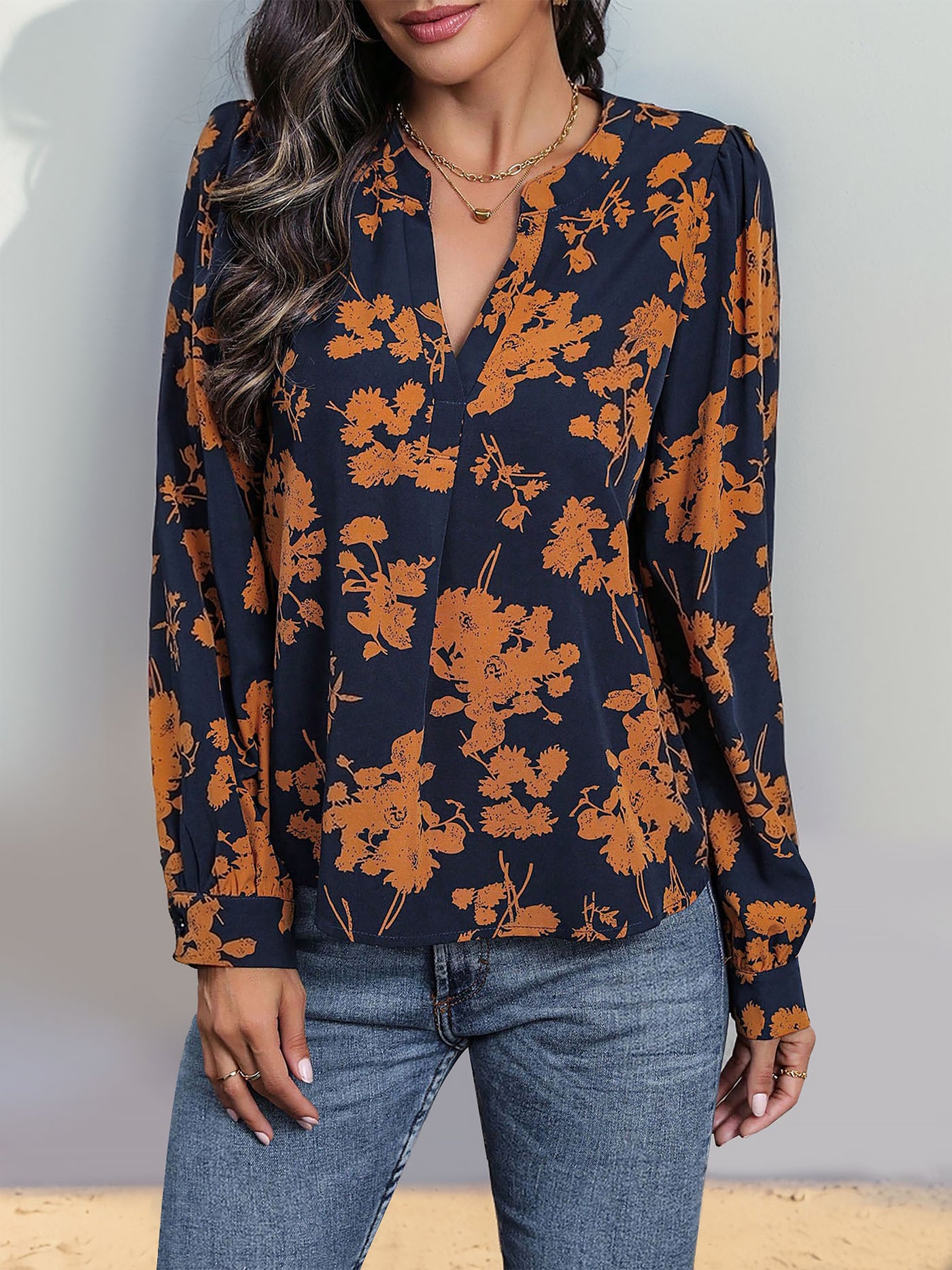 Allegra K Floral Long Sleeves Notch Neck Casual Blouse