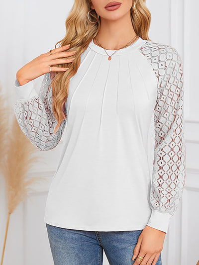 Solid Color Lace Long Sleeve Pleated Round Neck Blouse