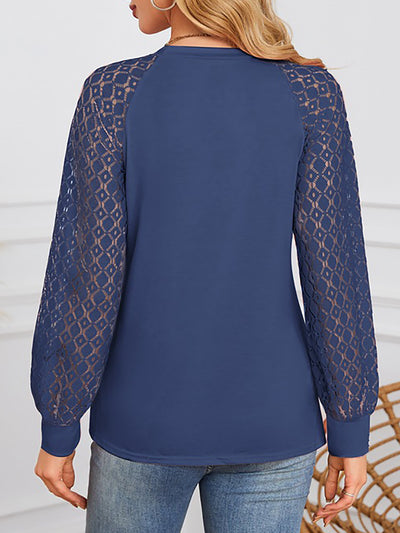 Solid Color Lace Long Sleeve Pleated Round Neck Blouse