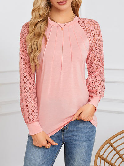 Solid Color Lace Long Sleeve Pleated Round Neck Blouse