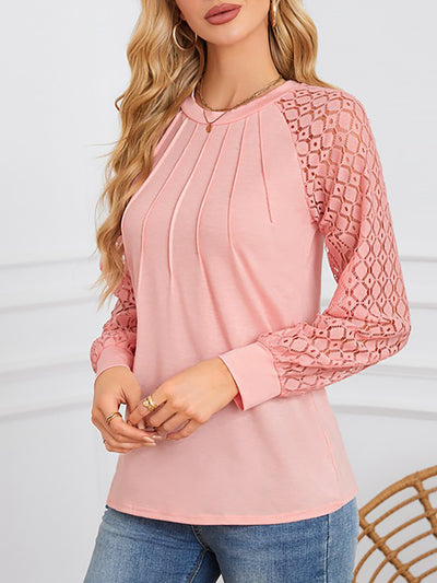 Solid Color Lace Long Sleeve Pleated Round Neck Blouse