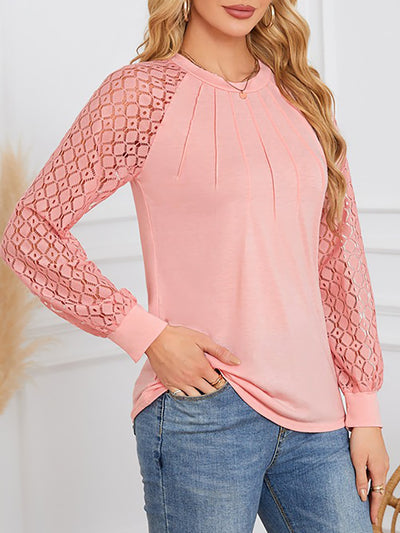 Solid Color Lace Long Sleeve Pleated Round Neck Blouse