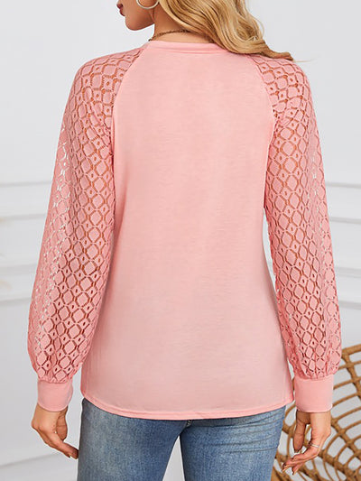 Solid Color Lace Long Sleeve Pleated Round Neck Blouse