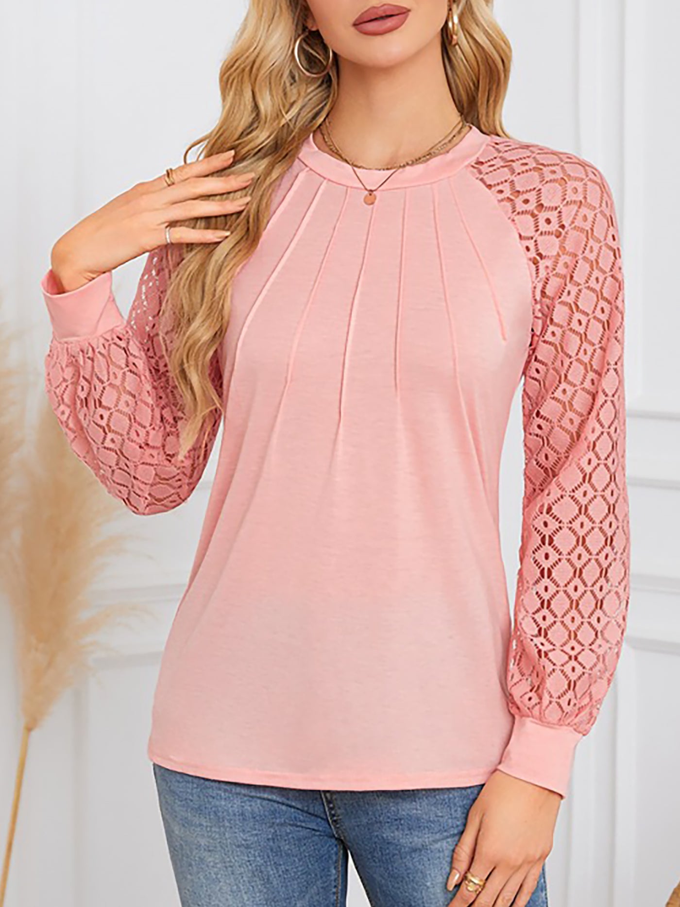 Allegra K Solid Color Lace Long Sleeve Pleated Round Neck Blouse