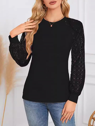 Solid Color Lace Long Sleeve Pleated Round Neck Blouse