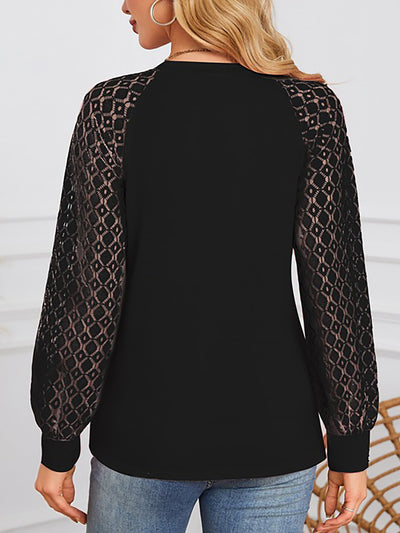 Solid Color Lace Long Sleeve Pleated Round Neck Blouse