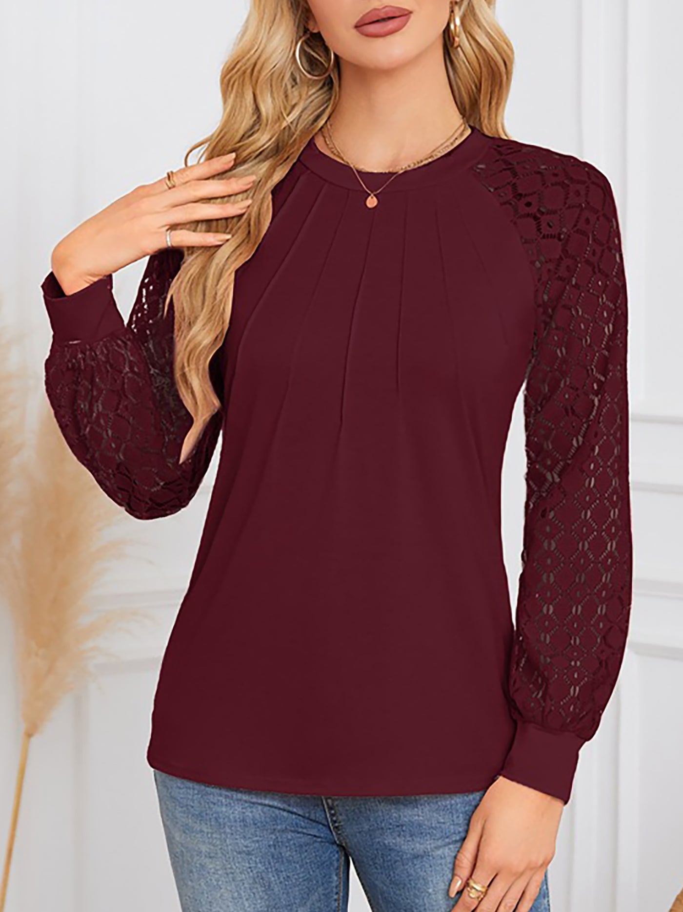 Allegra K Solid Color Lace Long Sleeve Pleated Round Neck Blouse