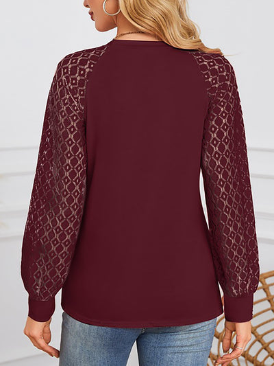 Solid Color Lace Long Sleeve Pleated Round Neck Blouse