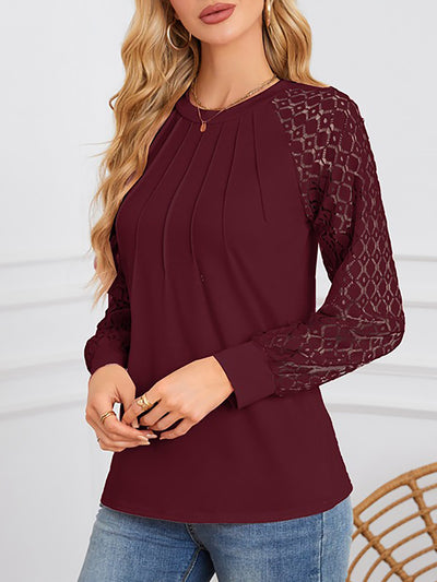 Solid Color Lace Long Sleeve Pleated Round Neck Blouse