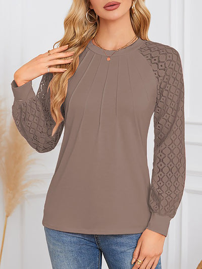 Solid Color Lace Long Sleeve Pleated Round Neck Blouse