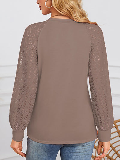 Solid Color Lace Long Sleeve Pleated Round Neck Blouse