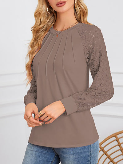 Solid Color Lace Long Sleeve Pleated Round Neck Blouse