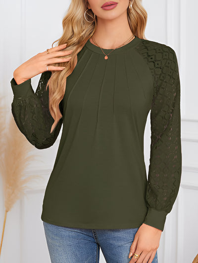 Solid Color Lace Long Sleeve Pleated Round Neck Blouse