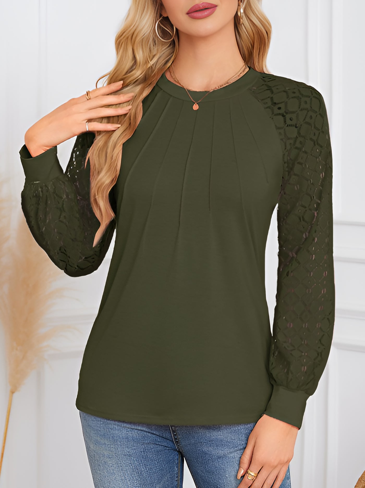 Allegra K Solid Color Lace Long Sleeve Pleated Round Neck Blouse