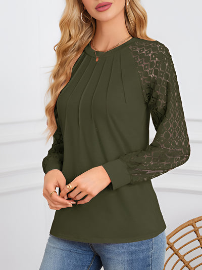 Solid Color Lace Long Sleeve Pleated Round Neck Blouse