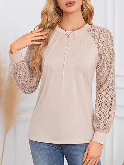 Solid Color Lace Long Sleeve Pleated Round Neck Blouse