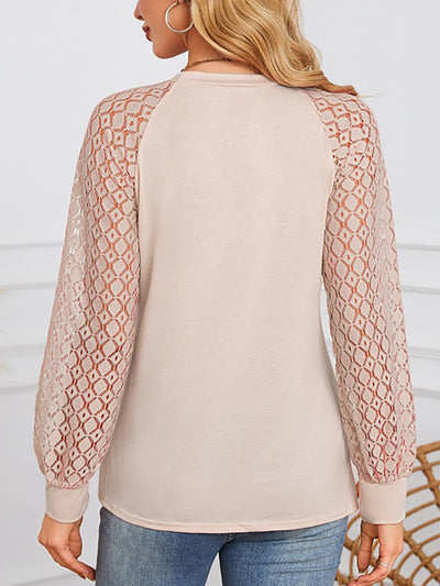 Solid Color Lace Long Sleeve Pleated Round Neck Blouse