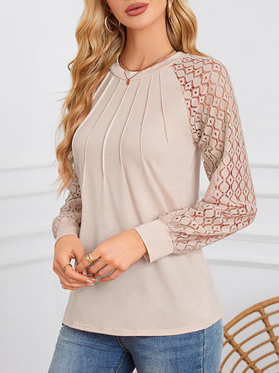 Solid Color Lace Long Sleeve Pleated Round Neck Blouse