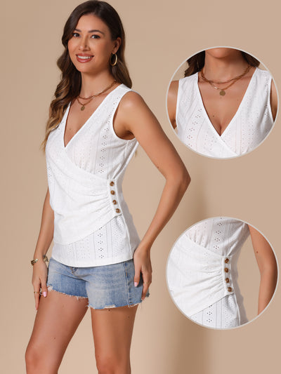 V Neck Sleeveless Ruched Button Decor Eyelet Blouse