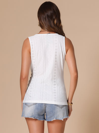 V Neck Sleeveless Ruched Button Decor Eyelet Blouse