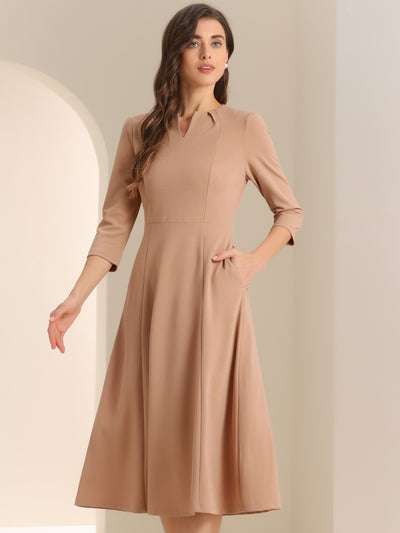 Notch Neck Pocketed 3/4 Sleeve Solid A-Line Work Dress