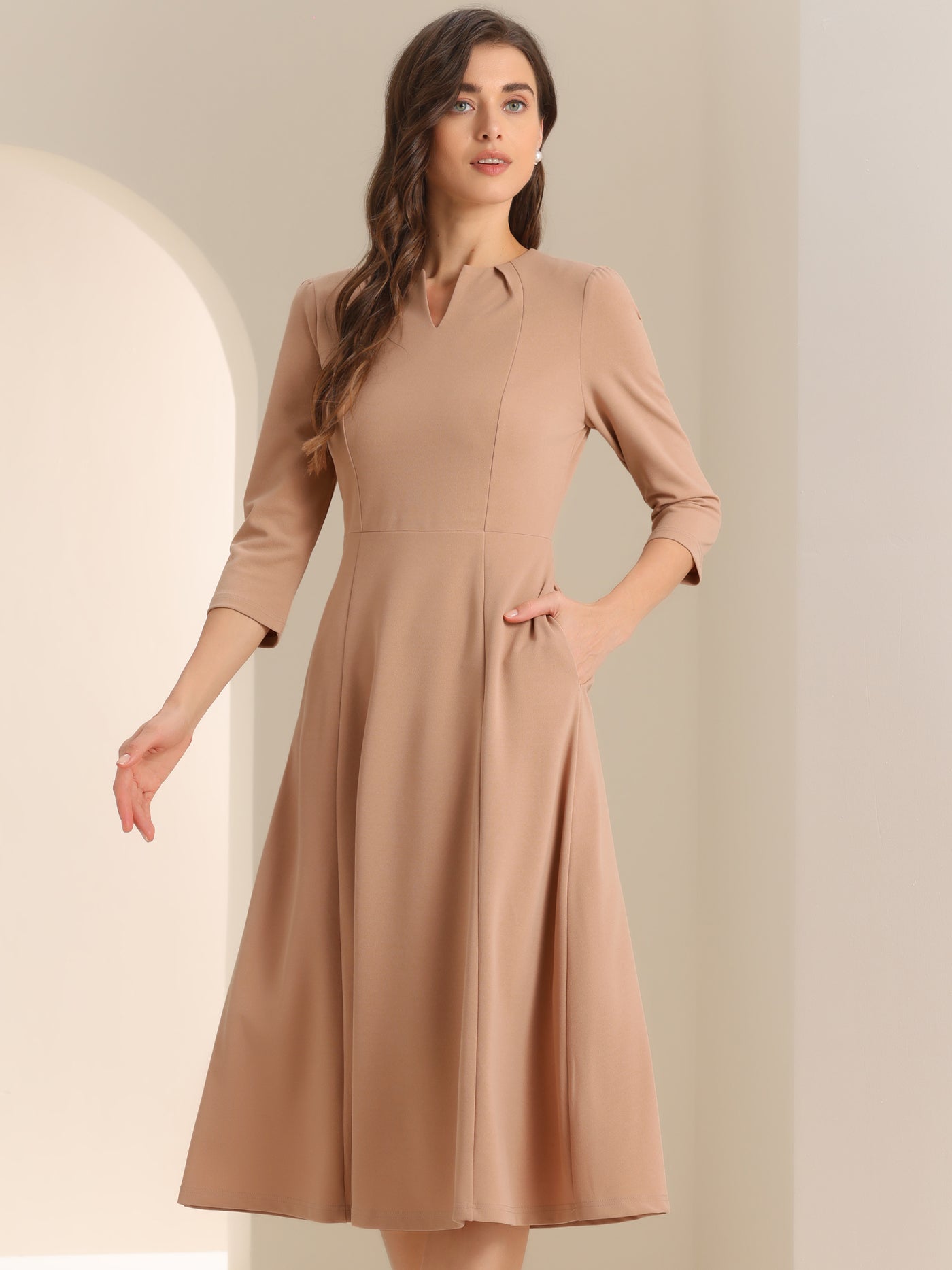 Allegra K Notch Neck Pocketed 3/4 Sleeve Solid A-Line Work Dress