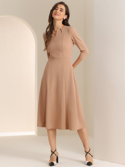 Notch Neck Pocketed 3/4 Sleeve Solid A-Line Work Dress