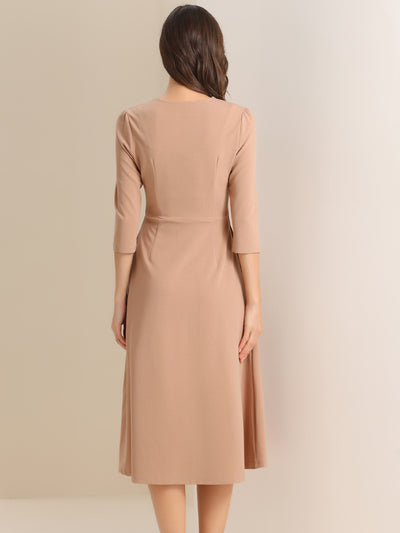 Notch Neck Pocketed 3/4 Sleeve Solid A-Line Work Dress