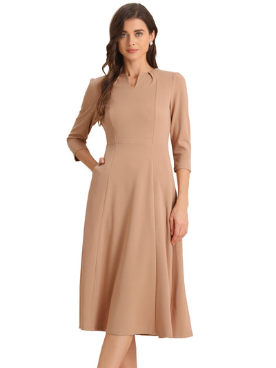 Notch Neck Pocketed 3/4 Sleeve Solid A-Line Work Dress