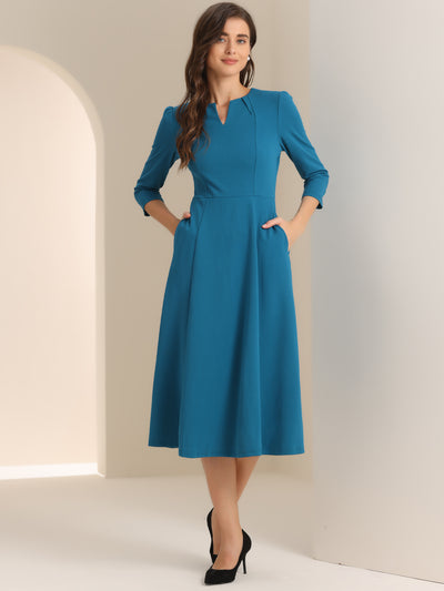 Notch Neck Pocketed 3/4 Sleeve Solid A-Line Work Dress