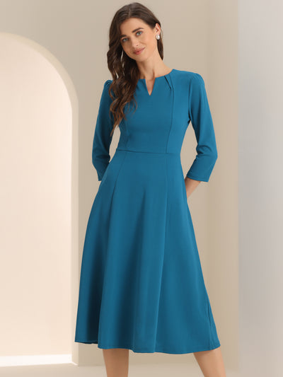 Notch Neck Pocketed 3/4 Sleeve Solid A-Line Work Dress