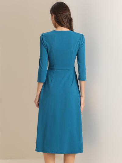 Notch Neck Pocketed 3/4 Sleeve Solid A-Line Work Dress