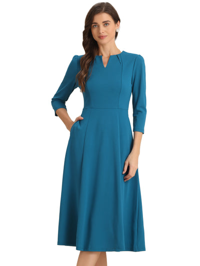 Notch Neck Pocketed 3/4 Sleeve Solid A-Line Work Dress