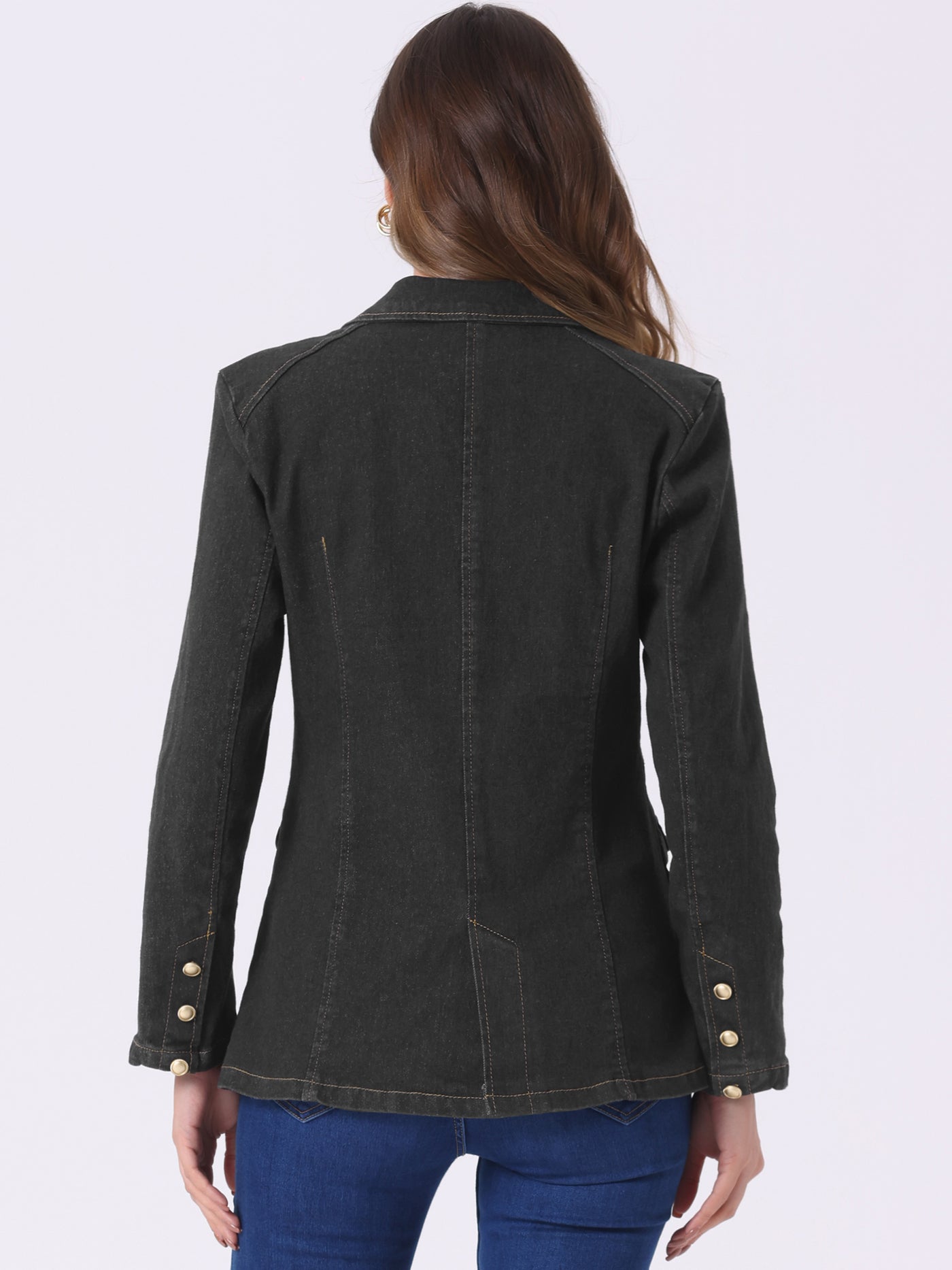 Allegra K Notched Lapel Denim Single Breasted Shoulder Pad Blazer Jackets