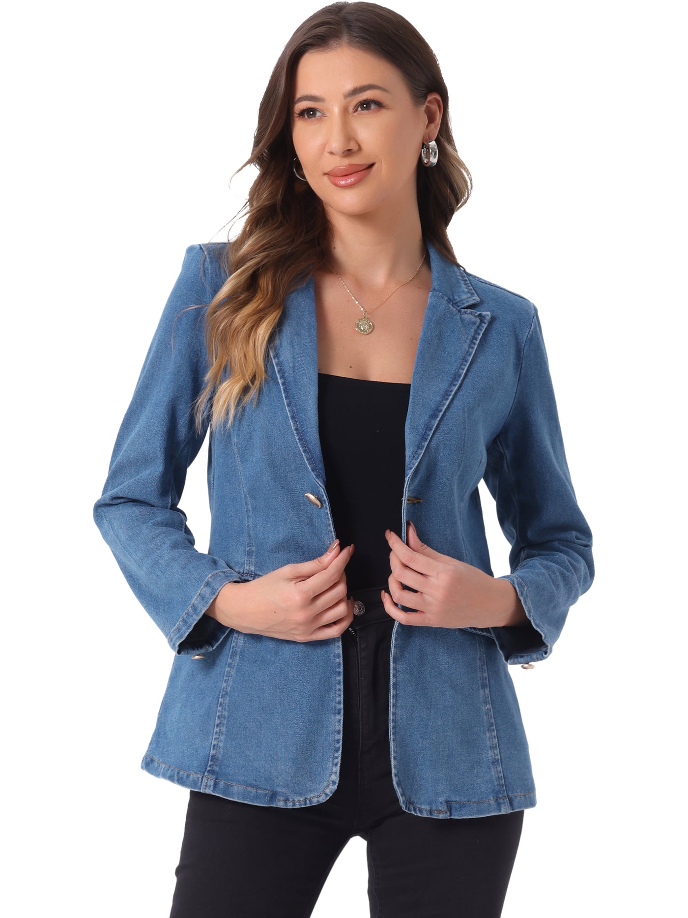 Allegra K Notched Lapel Denim Single Breasted Shoulder Pad Blazer Jackets