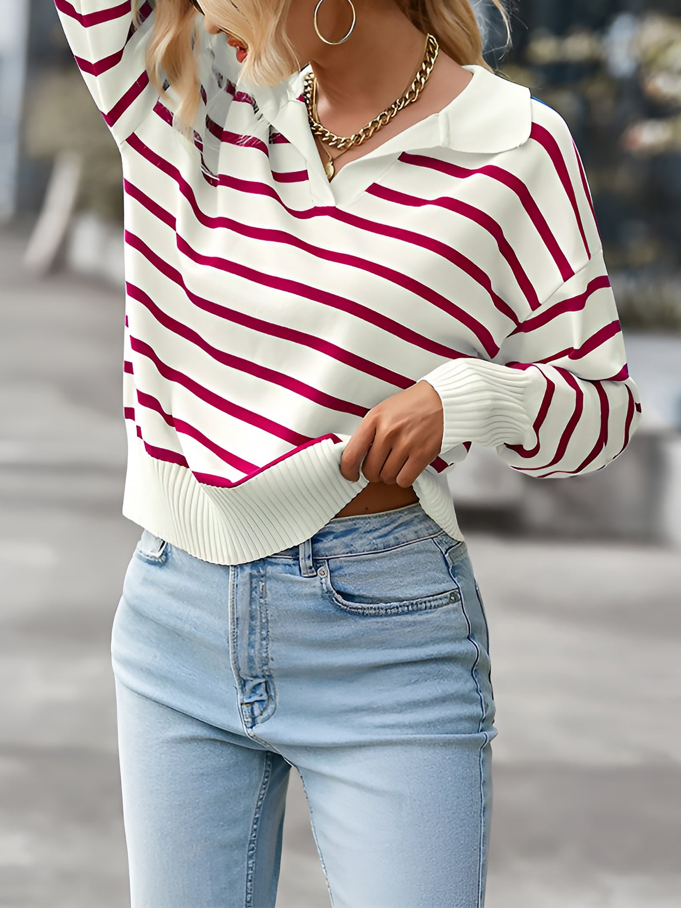 Allegra K Polo Collar Long Sleeves Striped Knit Casual Sweater