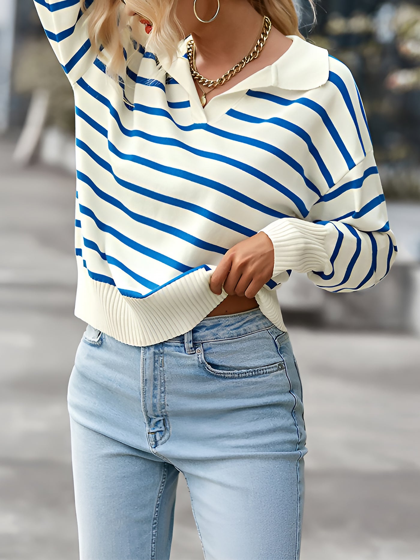 Allegra K Polo Collar Long Sleeves Striped Knit Casual Sweater