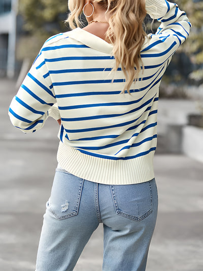 Polo Collar Long Sleeves Striped Knit Casual Sweater