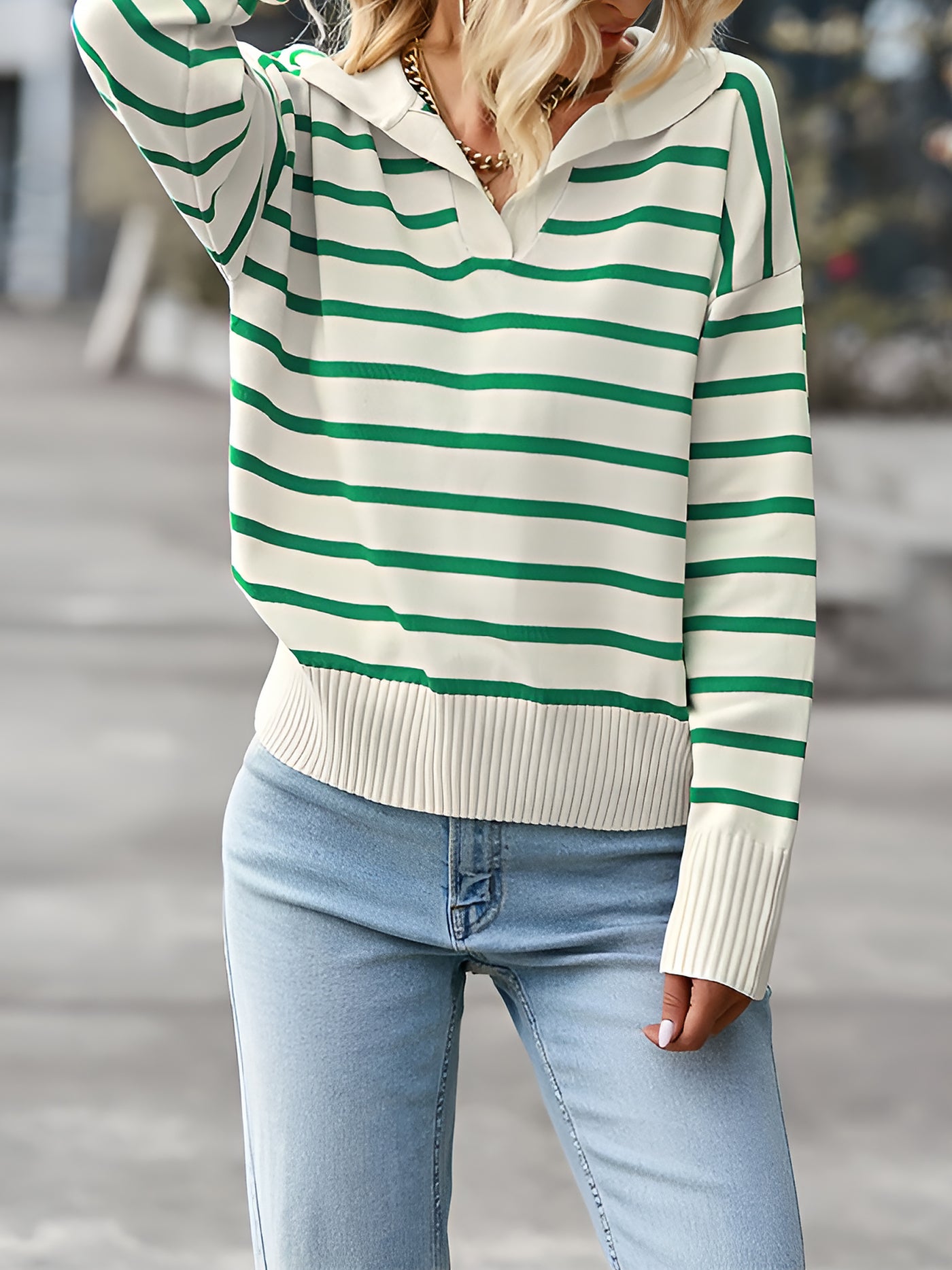 Allegra K Polo Collar Long Sleeves Striped Knit Casual Sweater