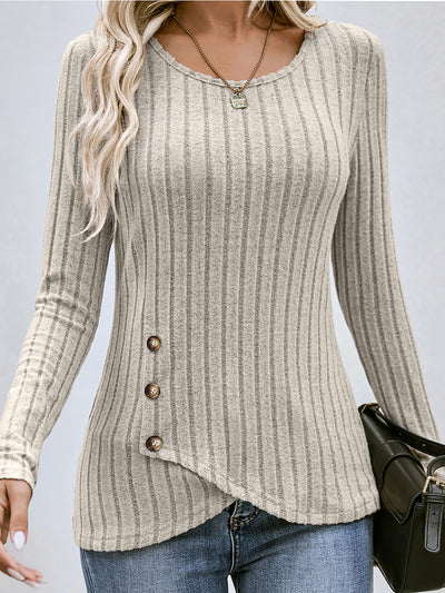 Long Sleeves Knit Textured Button Decor Top