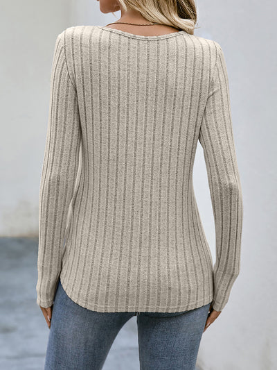 Long Sleeves Knit Textured Button Decor Top